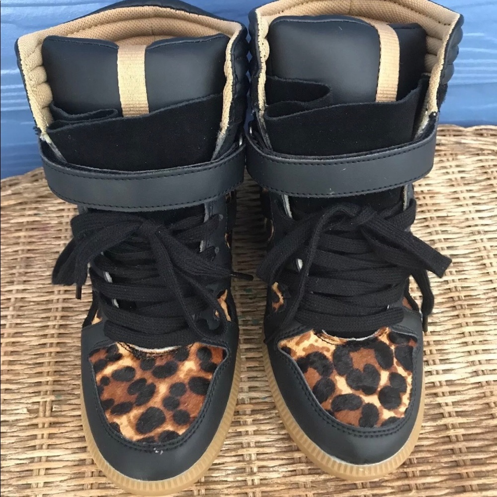 Zara Leopard Animal Print Leather Wedge Sneakers